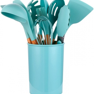 Set 12 ustensile de gatit din silicon, awwaline, maner rezistent din bambus, verde - Img 3