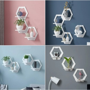 Set 3 etajere de perete hexagon, awwaline, albe, PVC, 29 cm x 27 cm, cu suport depozitare - Img 7