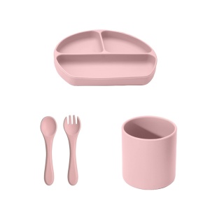 Set hranire bebelusi 4 piese pentru diversificare, awwaline, roz, silicon, BPA free, farfurie cu ventuza, cana, lingurita si furculita - Img 1