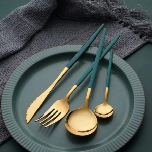 Set tacamuri 24 piese stil portughez, awwaline, auriu/verde, otel inoxidabil - Img 4