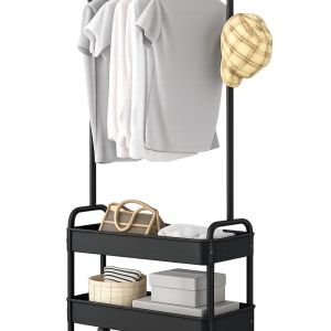 Suport portabil pentru haine si umerase, awwaline, negru, 2 compartimente, 2 carlige, 159 x 67 x 30 cm