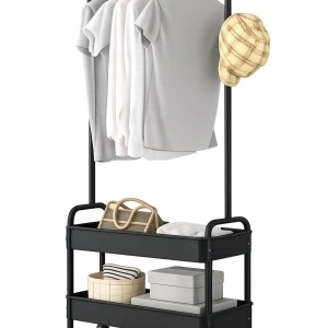 Suport portabil pentru haine si umerase, awwaline, negru, 2 compartimente, 2 carlige, 159 x 67 x 30 cm