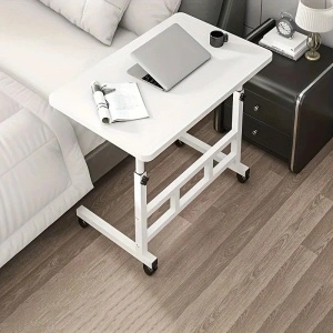 Birou mobil multifunctional cu rotile, awwaline, alb, ajustabil pe inaltime, blat lemn, ideal pentru laptop, teme, mic dejun la pat, 80 x 40 x 60-85 cm - Img 3