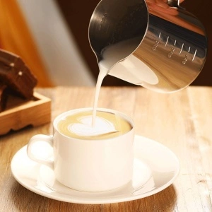 Cana din inox cu gradatie, latiera pentru spumare cu maner, cana de lapte sau cappucino, cu cioc, cana pentru bar, cana barista, 350 ml - Img 2
