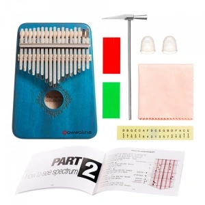 Kalimba, instrument muzical cu 17 Note, awwaline, lemn albastru, model floral rotund - Img 3