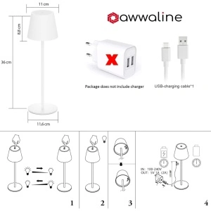 Lampa de masa wireless, awwaline, alba, metalica, cu touch, 36 x 11.6 cm, reincarcabila USB-C, 3 moduri de ilumiare, 2W - Img 8