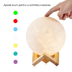 Lampa de veghe, awwaline, model luna 3D, 15cm, multicolora 7 efecte, reincarcabila, portabila, suport lemn - Img 8