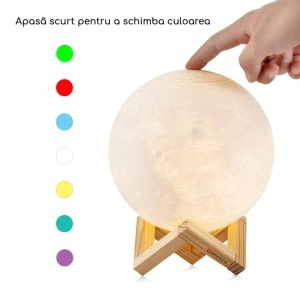 Lampa de veghe, awwaline, model luna 3D, 15cm, multicolora 7 efecte, reincarcabila, portabila, suport lemn - Img 8