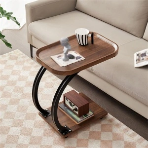 Masuta cafea cu roti, awwaline, lemn, maro, C-Shaped, 2 nivele, 52 x 34 x 60 cm - Img 5