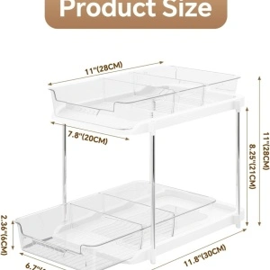 Organizator universal cu 2 rafturi retractabile si separatoare, awwaline, Alb/Transparent, recipient de depozitare multifunctional si glisant, 30 x 20 x 28 cm - Img 8
