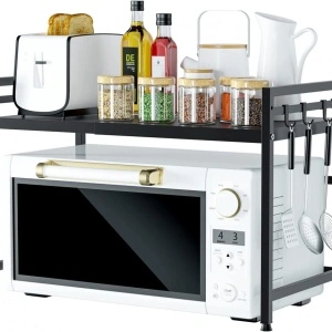 Raft metalic cuptor cu microunde, awwaline, negru, etajera ajustabila, organizator bucatarie, 40-60 x 36.5 x 45 cm