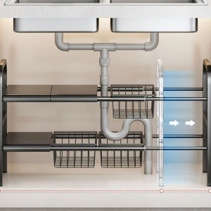 Raft organizator extensibil cu 2 etaje si 4 cosuri, awwaline, negru, 55-85 x 38 x 53 cm, ideal pentru spatiul de sub chiuveta - Img 3