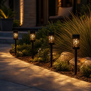 Set 4 Lampi Solare de gradina, awwaline, negru, Senzor de lumina, IP65 impermeabil, lumina LED calda, 3000K, ideale pentru curte, alee - Img 3