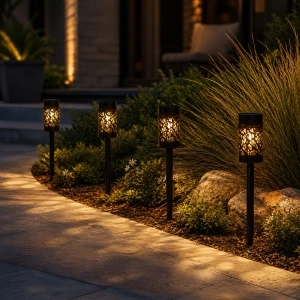 Set 4 Lampi Solare de gradina, awwaline, negru, Senzor de lumina, IP65 impermeabil, lumina LED calda, 3000K, ideale pentru curte, alee - Img 3