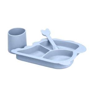 Set hranire bebelusi 4 piese pentru diversificare, awwaline, gri, silicon, BPA free, farfurie cu ventuza, pahar, lingurita si baveta - Img 3