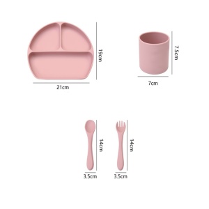 Set hranire bebelusi 4 piese pentru diversificare, awwaline, roz, silicon, BPA free, farfurie cu ventuza, cana, lingurita si furculita - Img 2