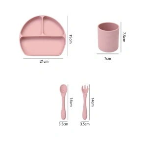 Set hranire bebelusi 4 piese pentru diversificare, awwaline, roz, silicon, BPA free, farfurie cu ventuza, cana, lingurita si furculita - Img 2