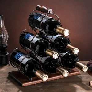 Suport 6 sticle de vin, awwaline, maro, lemn natural si otel, design modern, maner solid, 30 x 16 x 32.5 cm - Img 2