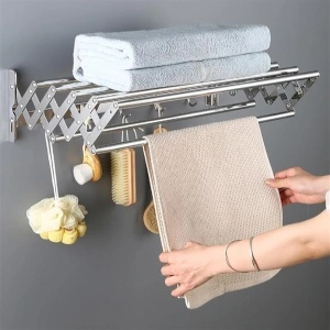 Suport extensibil pentru haine si prosoape, awwaline, argintiu, inox, 7 bare, 5 carlige, 13-35 cm x 60 cm x 14.5 cm - Img 3