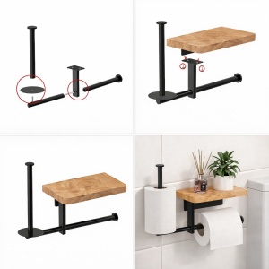 Suport hartie igienica cu raft depozitare telefon sau alte accesorii, awwaline, Negru/Maro, prindere cu adeziv sau suruburi, 27 x 22 cm, spatiu pentru 2 role - Img 6
