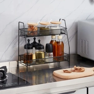 Suport organizator multifunctional cu 2 etaje, awwaline, negru, metalic, ideal pentru condimente, cosmetice - Img 3