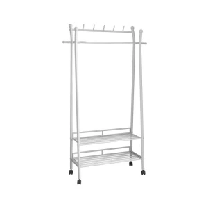 Suport portabil pentru umerase si haine, awwaline, alb, otel carbon, 175 x 80 x 35 cm, 2 rafturi, 4 rotile