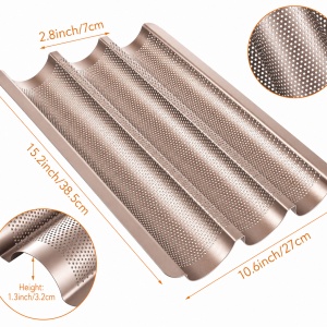Tava de copt pentru baghete, awwaline, maro, otel carbon, perforata, antiaderenta, 3 locuri, 38.5 x 27 x 3.2 cm - Img 5