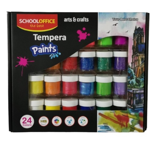 Tempera set 24 culori , 20 ml/culoare ) 6 culori fosforecente , 6 culori gliter , 6 culori metalizate , 6 culori de baza )