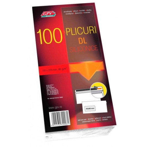 Plic cu fereastra DL GPV 70008, alb, 80g/mp, 110x220mm, siliconic, cu fereastra stanga, cutie 100 buc