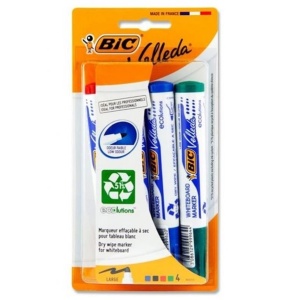 Marker tabla Bic Velleda 1704 / 907054, varf rotund, 2.5mm, corp gros, set 4 culori (verde, negru, albastru, rosu) - Img 1