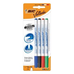 Marker tabla Bic Velleda 1721, varf rotund, 1.5mm, set 4 culori (verde, negru, albastru, rosu) - Img 1