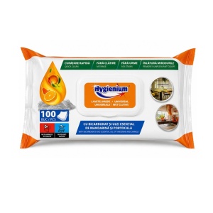 Lavete umede universale Hygienium cu bicarbonat si ulei esetial de Mandarina & Portocala, 100 buc