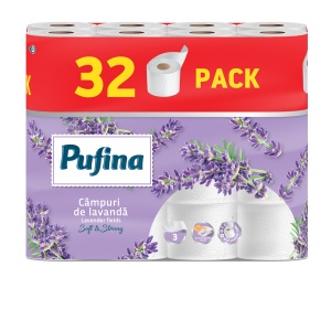 Hârtie Igienică Pufina Lavandă – 32 Role, 3 Straturi, Parfumată