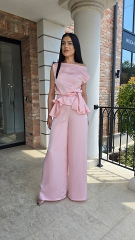 COMPLEU ROZ CU PANTALONI PALAZZO SI BLUZA CU CORDON LAVINIA - Img 2