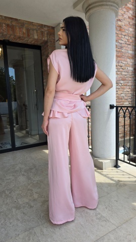 COMPLEU ROZ CU PANTALONI PALAZZO SI BLUZA CU CORDON LAVINIA - Img 3