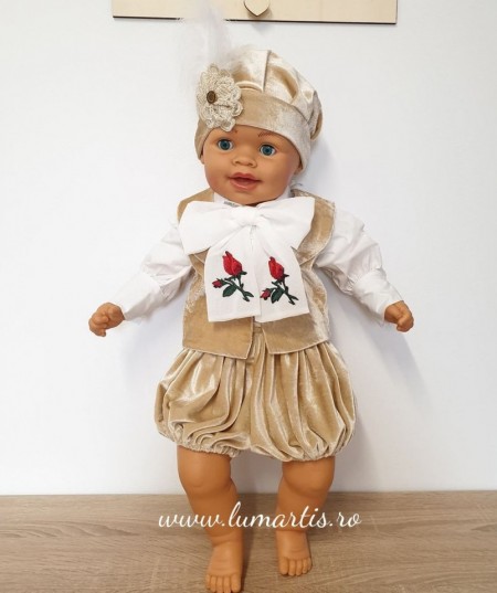 Costum botez catifea - „Prinț Louis” - Bej