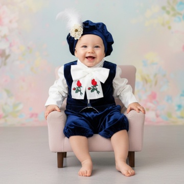 Costum botez catifea - „Prinț Louis” - Bleumarin