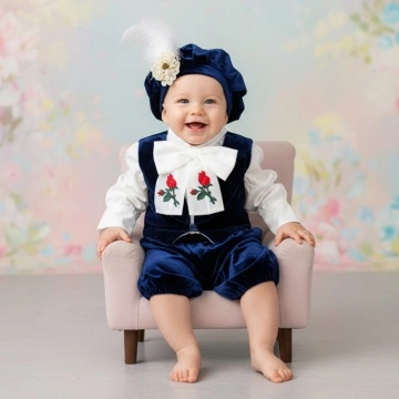 Costum botez catifea - „Prinț Louis” - Bleumarin