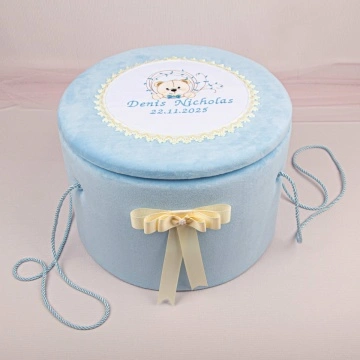 cufar trusou botez din catifea bleu cu capac brodat