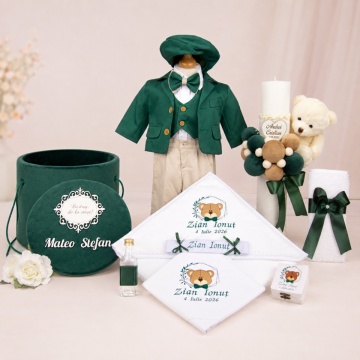 Set Complet Botez Băieți „Ursuleț cu papion verde smarald” - SCB012