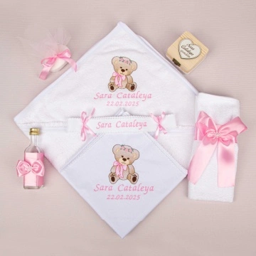 Trusou Botez Personalizat 260 - Ursuleț cu fundă roz pal