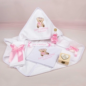 trusou botez ursulet cu funda roz pal
