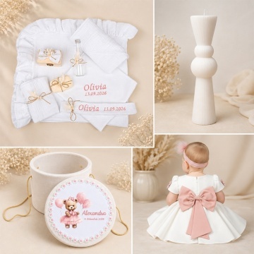 Set complet botez fetiță cu trusou din muselină, cufăr, lumânare și rochiță – MUS09