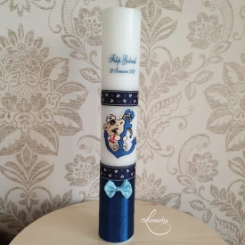 Lumânare de botez personalizată cu ursuleț și ancoră - Bleumarin