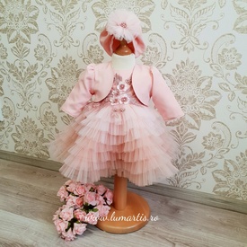 Rochiță botez Josephine - Roz (mânecă lungă) - Img 1