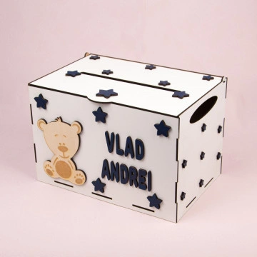 cutie dar botez urs bleumarin