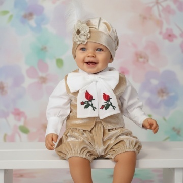 Costum botez catifea - „Prinț Louis” - Bej