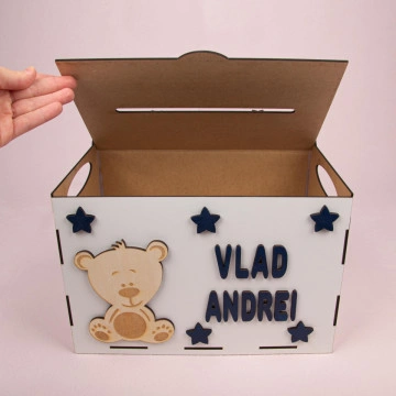 cutie dar botez urs bleumarin