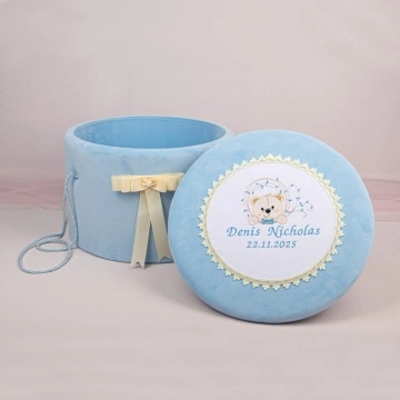 cufar botez bleu personalizat prin broderie cu ursulet si numele copilului