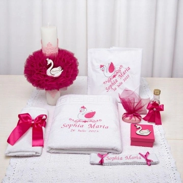Set Botez Personalizat 300 - Lebădă Fucsia